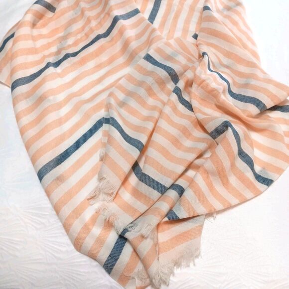 J Crew 100% Wool Scarf Striped Peach White Blue - Picture 5 of 11